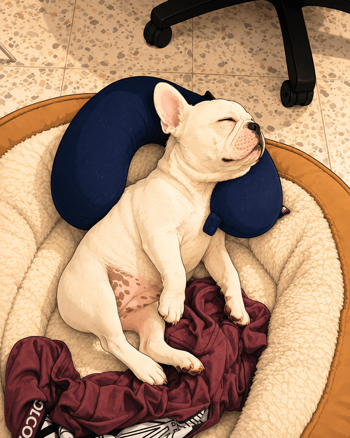 Página ilustrada de Maya la Bulldog Francés dormida sobre su almohada de viaje